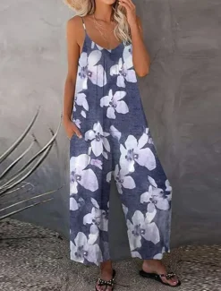 Women's Normal Jumpsuit Streetwear Floral Sleeveless U Neck Print Street Daily Regular Fit Khaki Gray Summer