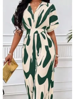 Women's Normal Jumpsuit Streetwear Geometric Half Sleeve Batwing Sleeve V Neck Print Street Daily Loose Fit Brown Green Apricot Summer