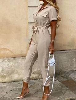 Women's Normal Jumpsuit Streetwear Solid Color Short Sleeve Shirt Collar Pocket Drawstring Street Daily Regular Fit Black White Wine Summer