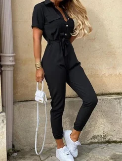 Women's Normal Jumpsuit Streetwear Solid Color Short Sleeve Shirt Collar Pocket Drawstring Street Daily Regular Fit Black White Wine Summer