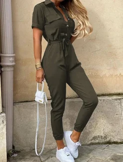 Women's Normal Jumpsuit Streetwear Solid Color Short Sleeve Shirt Collar Pocket Drawstring Street Daily Regular Fit Black White Wine Summer