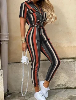 Women's Normal Jumpsuit Streetwear Solid Color Short Sleeve Shirt Collar Pocket Drawstring Street Daily Regular Fit Black White Wine Summer
