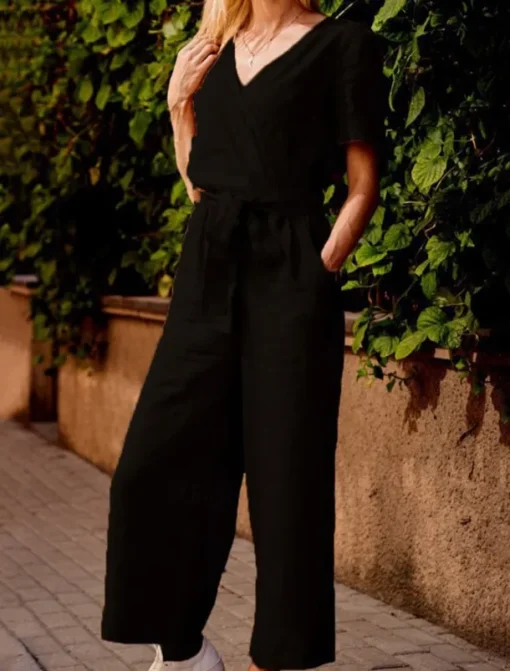 Women's Normal Jumpsuit Streetwear Solid Color Short Sleeve V Neck Lace up Pocket Street Daily Regular Fit Black Fuchsia Khaki Summer