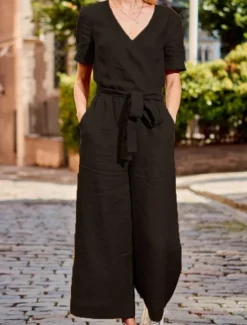 Women's Normal Jumpsuit Streetwear Solid Color Short Sleeve V Neck Lace up Pocket Street Daily Regular Fit Black Fuchsia Khaki Summer