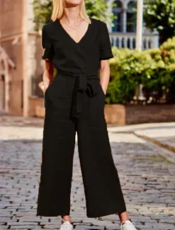 Women's Normal Jumpsuit Streetwear Solid Color Short Sleeve V Neck Lace up Pocket Street Daily Regular Fit Black Fuchsia Khaki Summer