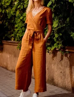Women's Normal Jumpsuit Streetwear Solid Color Short Sleeve V Neck Lace up Pocket Street Daily Regular Fit Black Fuchsia Khaki Summer