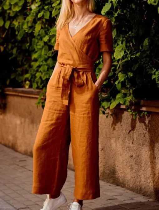 Women's Normal Jumpsuit Streetwear Solid Color Short Sleeve V Neck Lace up Pocket Street Daily Regular Fit Black Fuchsia Khaki Summer
