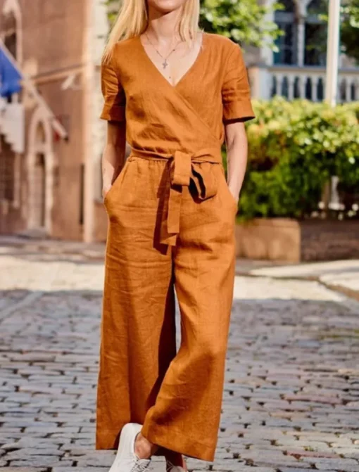 Women's Normal Jumpsuit Streetwear Solid Color Short Sleeve V Neck Lace up Pocket Street Daily Regular Fit Black Fuchsia Khaki Summer