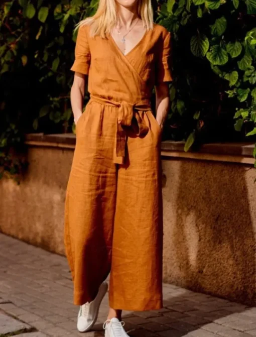Women's Normal Jumpsuit Streetwear Solid Color Short Sleeve V Neck Lace up Pocket Street Daily Regular Fit Black Fuchsia Khaki Summer
