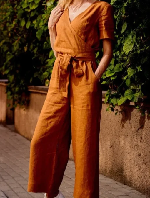 Women's Normal Jumpsuit Streetwear Solid Color Short Sleeve V Neck Lace up Pocket Street Daily Regular Fit Black Fuchsia Khaki Summer