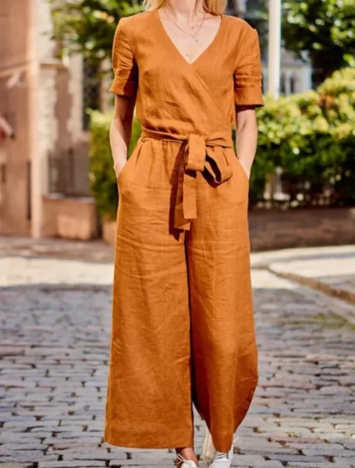 Women's Normal Jumpsuit Streetwear Solid Color Short Sleeve V Neck Lace up Pocket Street Daily Regular Fit Black Fuchsia Khaki Summer