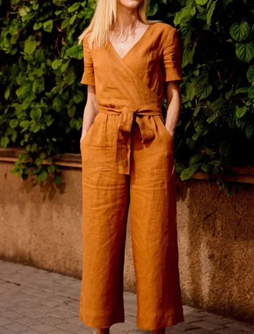 Women's Normal Jumpsuit Streetwear Solid Color Short Sleeve V Neck Lace up Pocket Street Daily Regular Fit Black Fuchsia Khaki Summer