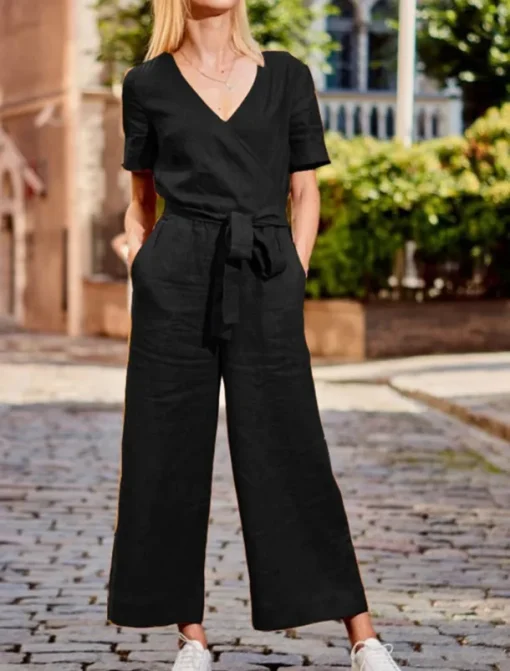 Women's Normal Jumpsuit Streetwear Solid Color Short Sleeve V Neck Lace up Pocket Street Daily Regular Fit Black Fuchsia Khaki Summer