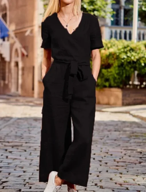 Women's Normal Jumpsuit Streetwear Solid Color Short Sleeve V Neck Lace up Pocket Street Daily Regular Fit Black Fuchsia Khaki Summer