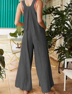 Women's Normal Jumpsuit Streetwear Solid Color Sleeveless Sleeveless Square Neck Buttons Pocket Street Daily Regular Fit Red Khaki Gray Summer