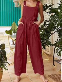 Women's Normal Jumpsuit Streetwear Solid Color Sleeveless Sleeveless Square Neck Buttons Pocket Street Daily Regular Fit Red Khaki Gray Summer