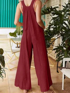 Women's Normal Jumpsuit Streetwear Solid Color Sleeveless Sleeveless Square Neck Buttons Pocket Street Daily Regular Fit Red Khaki Gray Summer