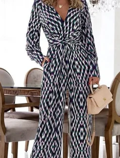 Women's Normal Jumpsuit Streetwear Plaid Long Sleeve Wide Leg Deep V Pocket Print Vacation Street Regular Fit Black Fall