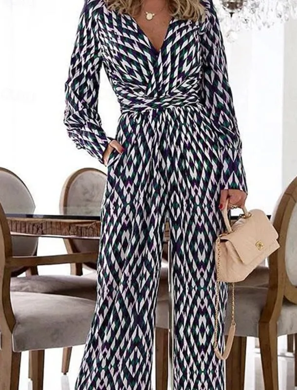 Women's Normal Jumpsuit Streetwear Plaid Long Sleeve Wide Leg Deep V Pocket Print Vacation Street Regular Fit Black Fall