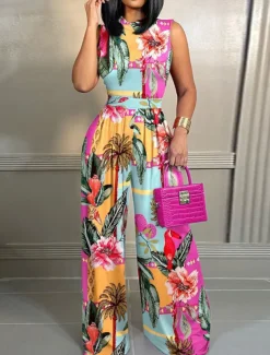 Women's Normal Jumpsuit Streetwear Floral Sleeveless Crew Neck High Waist Print Street Daily Regular Fit Black Yellow Pink Summer