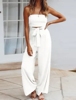 Women's Normal Jumpsuit Streetwear Solid Color Sleeveless Strapless Lace up Backless Street Daily Regular Fit White Green Apricot Summer