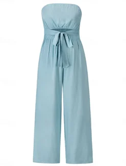 Women's Normal Jumpsuit Streetwear Solid Color Sleeveless Strapless Lace up Backless Street Daily Regular Fit White Green Apricot Summer