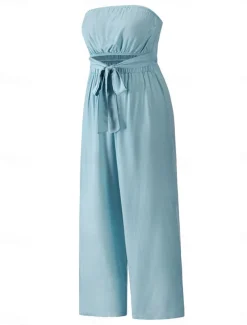 Women's Normal Jumpsuit Streetwear Solid Color Sleeveless Strapless Lace up Backless Street Daily Regular Fit White Green Apricot Summer