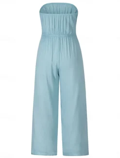 Women's Normal Jumpsuit Streetwear Solid Color Sleeveless Strapless Lace up Backless Street Daily Regular Fit White Green Apricot Summer