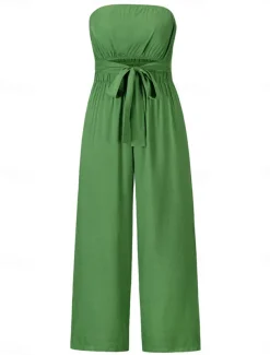 Women's Normal Jumpsuit Streetwear Solid Color Sleeveless Strapless Lace up Backless Street Daily Regular Fit White Green Apricot Summer