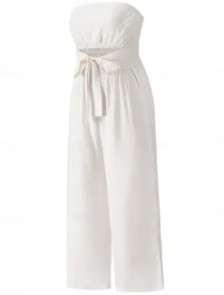 Women's Normal Jumpsuit Streetwear Solid Color Sleeveless Strapless Lace up Backless Street Daily Regular Fit White Green Apricot Summer