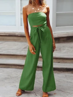 Women's Normal Jumpsuit Streetwear Solid Color Sleeveless Strapless Lace up Backless Street Daily Regular Fit White Green Apricot Summer