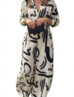 Women's Normal Jumpsuit Stylish Geometric Long Sleeve Shirt Collar Belted Vacation Party Loose Fit White Spring