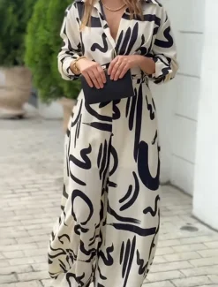 Women's Normal Jumpsuit Stylish Geometric Long Sleeve Shirt Collar Belted Vacation Party Loose Fit White Spring