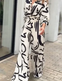 Women's Normal Jumpsuit Stylish Geometric Long Sleeve Shirt Collar Belted Vacation Party Loose Fit White Spring