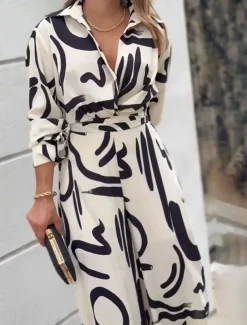 Women's Normal Jumpsuit Stylish Geometric Long Sleeve Shirt Collar Belted Vacation Party Loose Fit White Spring