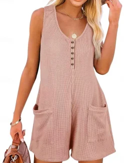 Women's Normal Jumpsuit Streetwear Solid Color Sleeveless V Neck Buttons Pocket Street Daily Regular Fit Black Pink Wine Summer