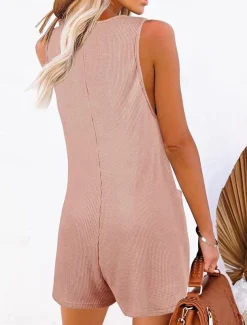 Women's Normal Jumpsuit Streetwear Solid Color Sleeveless V Neck Buttons Pocket Street Daily Regular Fit Black Pink Wine Summer