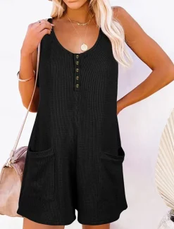 Women's Normal Jumpsuit Streetwear Solid Color Sleeveless V Neck Buttons Pocket Street Daily Regular Fit Black Pink Wine Summer