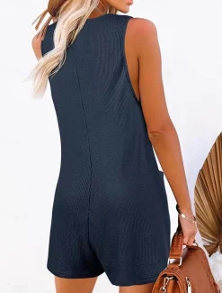 Women's Normal Jumpsuit Streetwear Solid Color Sleeveless V Neck Buttons Pocket Street Daily Regular Fit Black Pink Wine Summer