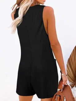 Women's Normal Jumpsuit Streetwear Solid Color Sleeveless V Neck Buttons Pocket Street Daily Regular Fit Black Pink Wine Summer