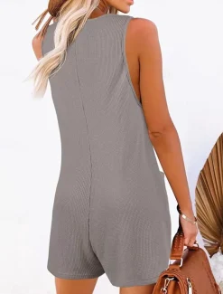 Women's Normal Jumpsuit Streetwear Solid Color Sleeveless V Neck Buttons Pocket Street Daily Regular Fit Black Pink Wine Summer