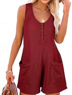 Women's Normal Jumpsuit Streetwear Solid Color Sleeveless V Neck Buttons Pocket Street Daily Regular Fit Black Pink Wine Summer