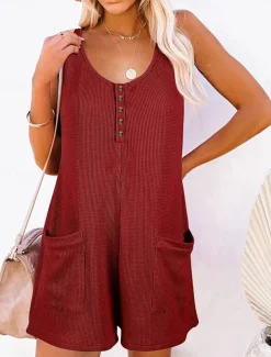 Women's Normal Jumpsuit Streetwear Solid Color Sleeveless V Neck Buttons Pocket Street Daily Regular Fit Black Pink Wine Summer
