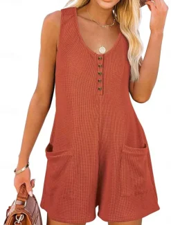 Women's Normal Jumpsuit Streetwear Solid Color Sleeveless V Neck Buttons Pocket Street Daily Regular Fit Black Pink Wine Summer