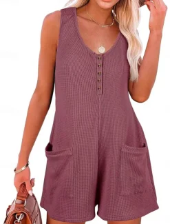 Women's Normal Jumpsuit Streetwear Solid Color Sleeveless V Neck Buttons Pocket Street Daily Regular Fit Black Pink Wine Summer