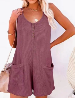 Women's Normal Jumpsuit Streetwear Solid Color Sleeveless V Neck Buttons Pocket Street Daily Regular Fit Black Pink Wine Summer