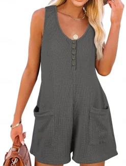 Women's Normal Jumpsuit Streetwear Solid Color Sleeveless V Neck Buttons Pocket Street Daily Regular Fit Black Pink Wine Summer