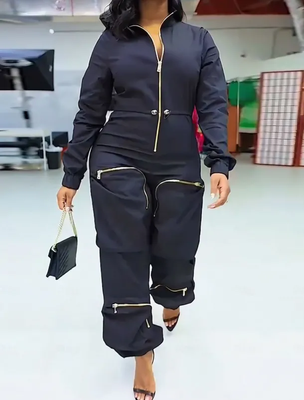 Women's Normal Jumpsuit Streetwear Solid Color Sleeveless Shirt Collar Zipper Pocket Street Daily Regular Fit Black White Fall