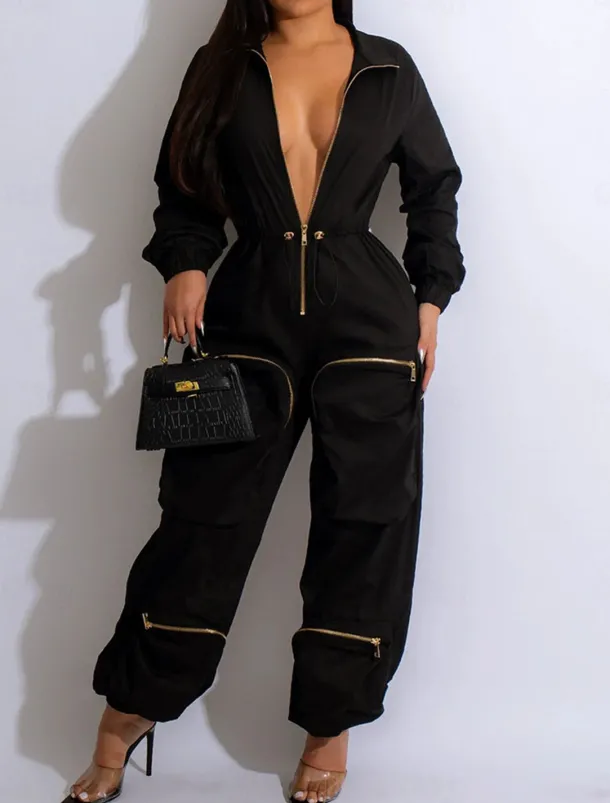 Women's Normal Jumpsuit Streetwear Solid Color Sleeveless Shirt Collar Zipper Pocket Street Daily Regular Fit Black White Fall