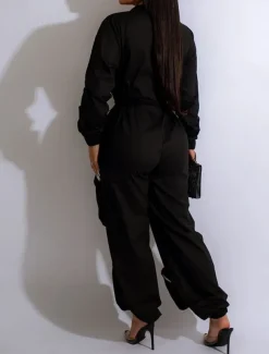 Women's Normal Jumpsuit Streetwear Solid Color Sleeveless Shirt Collar Zipper Pocket Street Daily Regular Fit Black White Fall